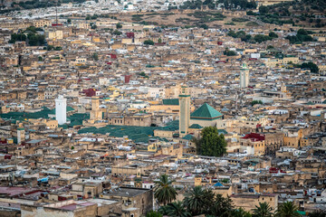 Obraz premium Aerial panoramic cityscape of Fez, Fès, Fes, Morocco at sunset.