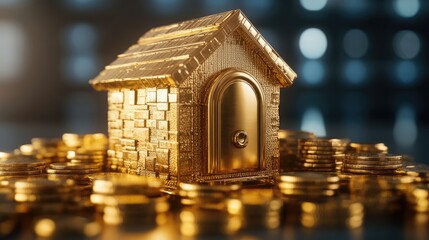 A creative savings concept showing a coin vault shaped like a home, symbolizing financial security