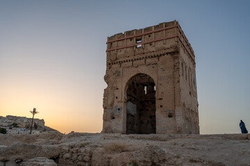 The Marinid Tombs or Merenid Tombs, a set of ruined monumental tombs on a hill above and north of Fes al-Bali, the old city of Fez, F&egrave;s, Fes, Morocco. Beautiful sunset.