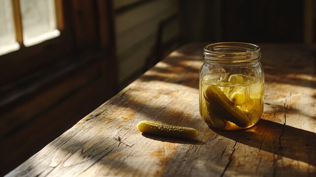A single pickle spear resting on a wooden table with an open jar nearby
