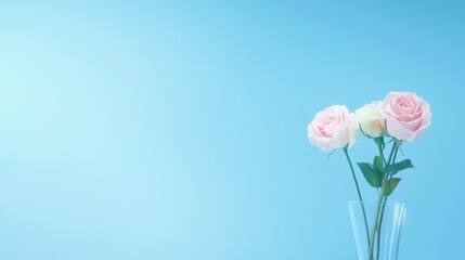 Obraz premium Pastel Pink Roses in Glass Vase Soft Blue Background Floral Still Life