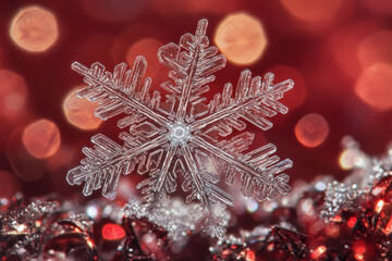 Snowflake decoration on red tinsel with a warm red and gold bokeh background, festive and elegant.