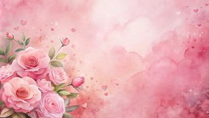 Romantic watercolor painting of pink roses and hearts, perfect for Valentine's Day or wedding invitations