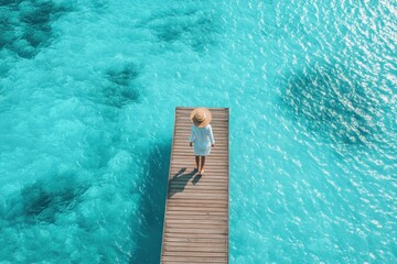 Traveler walking on a wooden pier over crystal-clear turquoise water in a tropical setting