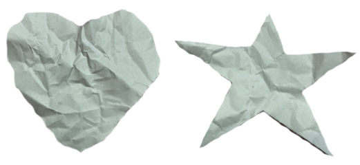 Illustration of crumpled paper cut into heart and star shapes, transparent background.