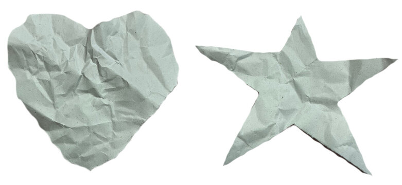 Illustration of crumpled paper cut into heart and star shapes, transparent background.