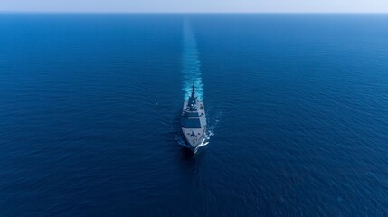 Aerial View of Warship Sailing on Deep Blue Ocean