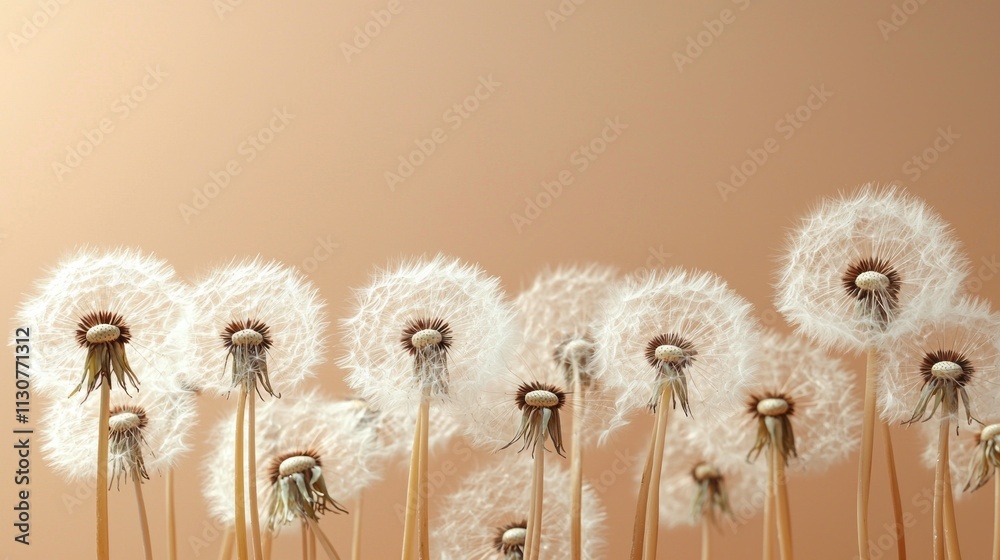 Poster in a tranquil setting, soft dandelion puffballs stand elegantly against a warm mocha mousse backgrou