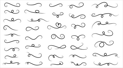 Set os decorative swirls and lines. Flourish line border ornament, filigree decor element. Vintage frame, header text separator.