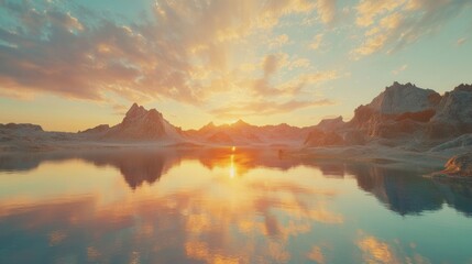 Serene Sunset Landscape: Majestic Mountains Mirrored in Calm Lake Waters