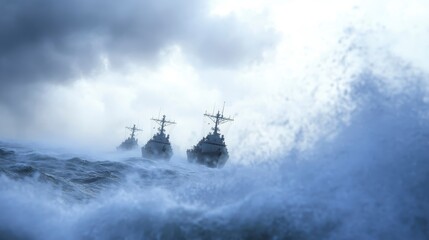 Obraz premium Navy Ships in Stormy Seas Dramatic Ocean Scene
