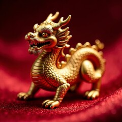 Fototapeta premium A close-up of a Chinese Zodiac animal figurine, such as the dragon, with intricate carvings and golden accents, placed on a red silk cloth under soft diffused lighting for a luxurious