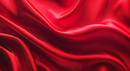 Obraz premium Top view red silk satin fabric background with wavy folds. Valentine's Day or Christmas background texture for design of greeting cards, postcards, fashion, or jewelry products. 