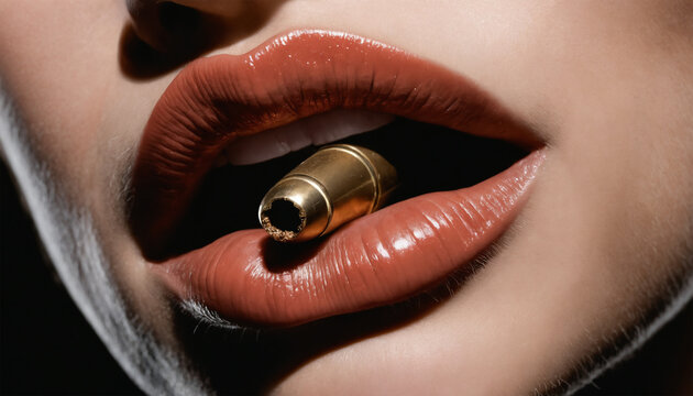 Close-Up of a Woman Holding a Bullet in Her Mouth, Between Her Red Lips.