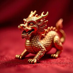 Fototapeta premium A close-up of a Chinese Zodiac animal figurine, such as the dragon, with intricate carvings and golden accents, placed on a red silk cloth under soft diffused lighting for a luxurious