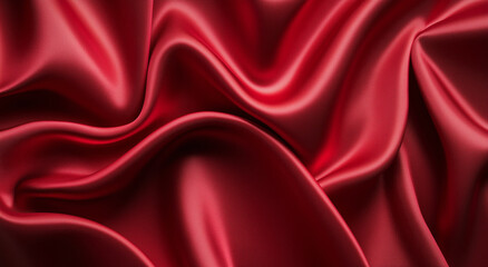 Obraz premium Top view burgundy silk satin fabric background with wavy folds. Valentine's Day or Christmas background texture for design of greeting cards, postcards, fashion, or jewelry products. 