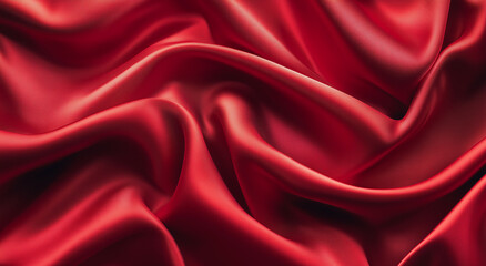 Obraz premium Top view burgundy silk satin fabric background with wavy folds. Valentine's Day or Christmas background texture for design of greeting cards, postcards, fashion, or jewelry products. 