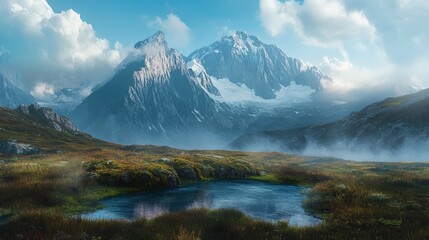 Serene mountain lake, misty valley, majestic peaks.