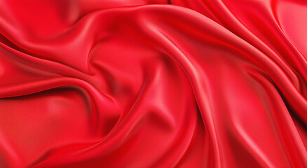 Obraz premium Top view red silk satin fabric background with wavy folds. Valentine's Day or Christmas background texture for design of greeting cards, postcards, fashion, or jewelry products. 