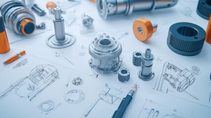 Mechanic repair and engine concept. Mechanical components and sketches laid out on a workspace, showcasing precision engineering and design processes.