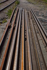 Fototapeta premium Closeup of group of railway tracks, metal rails.