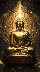 Fototapeta premium A golden Buddha statue is located in the center of an ancient Indian room, radiating light from behind it.