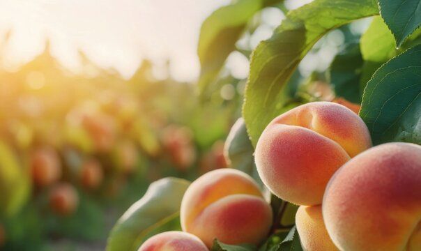 The peaches harvested in the vegetable field, with a blurred background and the quality of a single-lens reflex camera