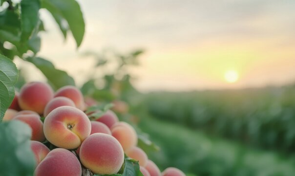 The peaches harvested in the vegetable field, with a blurred background and the quality of a single-lens reflex camera