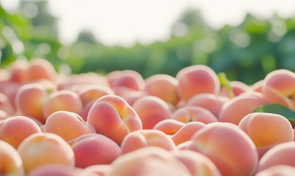 The peaches harvested in the vegetable field, with a blurred background and the quality of a single-lens reflex camera