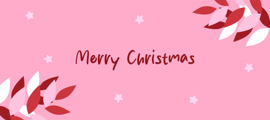 Obraz premium Merry christmas and happy new year creative greeting with leaves and stars element on pink horizontal background good for sale, advertisement, promotion, card, gift, poster, flyer, post and banner.