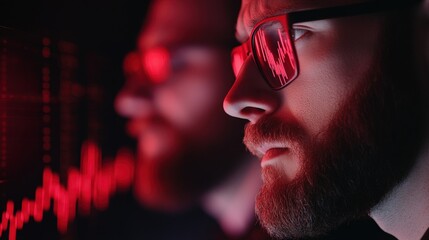 A close-up of a man wearing glasses, focused on digital data displayed in red, suggesting a theme of technology and analysis.