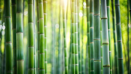Fototapeta premium Lush Green Bamboo Forest A Serene Natural Background of Tall, Slender Stalks in Sunlight