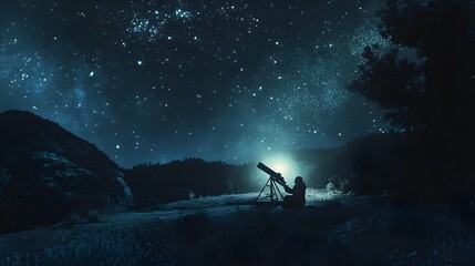 Stargazer Silhouetted Against Night Sky Using Telescope