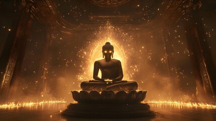 A golden Buddha statue is located in the center of an ancient Indian room, radiating light from behind it.