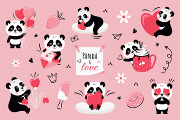 A festive set for lovers with a cute panda, a heart and design elements. Vector design.