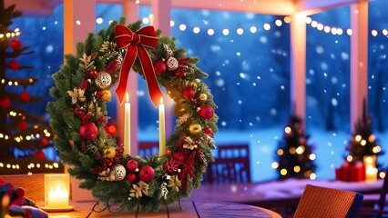 Snowy bokeh, copy space, colorized shot, chosen focus, and an advent wreath with the first lit candle and Christmas decorations outside on a patio at night in bluish light 