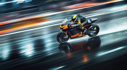 Comp&eacute;tition de course de moto avec un pilote roulant sur un circuit &agrave; toute vitesse sur une moto aux couleurs rouge, orange, jaune et bleu, la nuit, sous la pluie.