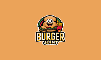 Burger joint logo with cartoon burger and fries design