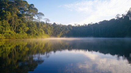 Fototapeta premium Tranquil Morning Lake Scene with Mist and Lush Green Trees