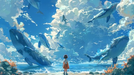 Girl watching whales flying in a cloudy sky above ocean.