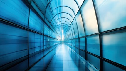 futuristic corridor with blue lighting and glass walls