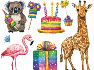 A collection of watercolor animals for a party, including a birthday koala, flamingo, giraffe, owl, rainbow, present box, and confetti, all isolated on a white background.