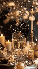 Elegant Golden and Silver Confetti Over Party Table Decor, Party Confetti Explosion, New Year's day, New Year's Eve 