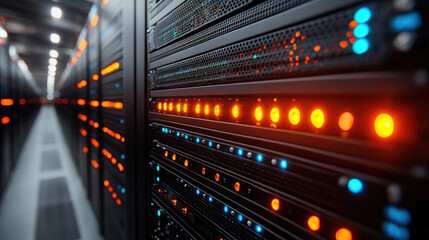 Fototapeta premium Cryptocurrency mining rigs glowing with cool blue lights in a high-tech server room