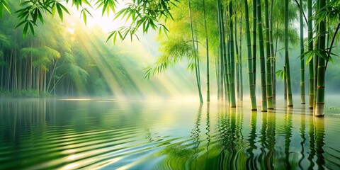Fototapeta premium Serene morning sunbeams illuminate a tranquil bamboo forest reflected in still water