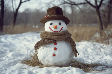 Obraz premium Snowmen standing outside in a snowy village landscape, with trees and a wintery atmosphere