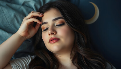 Fototapeta premium Beautiful brunette plus-size girl with closed eyes, close-up portrait. sound healthy sleep, dreams and meditation, collage style, with white tones