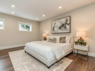Fototapeta premium A photograph of an elegant bedroom with a large, white bed and wall art on the backboard.