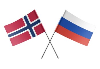  Crossed Russia and Norway flags. Official colors. Correct proportion. Poster design. Digital Image.