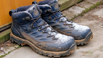 Worn outdoor boots covered in snow and dirt, set against a wooden backdrop, Ideal for articles or advertisements related to hiking, outdoor activities, winter gear, or footwear,